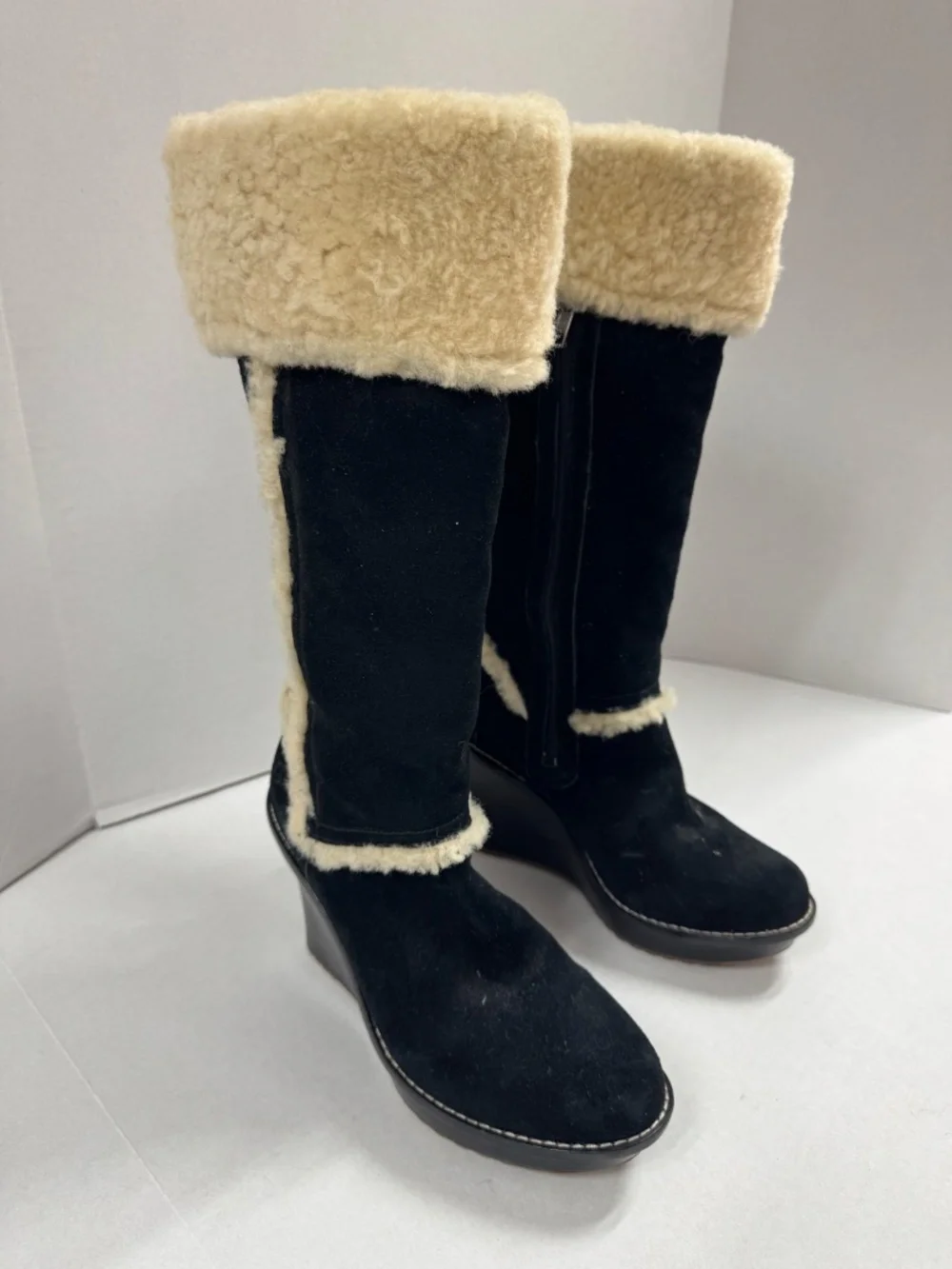 UGG Aubrie Wedge Shearling Knee Boot‎ in Black - Size 7.5.